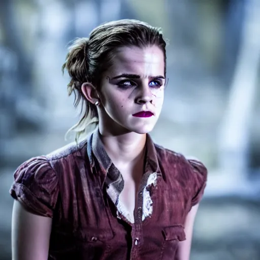 Image similar to movie scene portrait photo of emma watson as scary zombie, 8 k, masterpiece, pinup, highly detailed, smooth, sharp focus