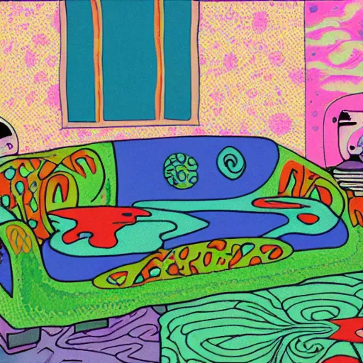 Image similar to psychedelic trippy couch pine forest planets milky way sofa cartoon by howard finster