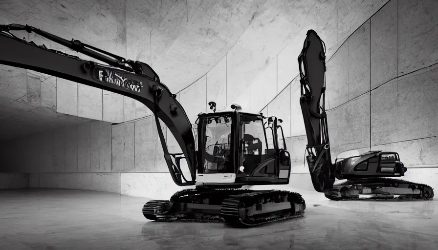 Image similar to extremely beautiful softly lit interior photo of futuristic construction equipment, excavator, backhoe, black, polished metal, gleaming, black and white corporate decals, polished concrete floor, sharp focus, clear focus, beautiful, award winning photo, extremely beautiful lighting, cinematic, modern, render, architectural, architecture, realistic, clear