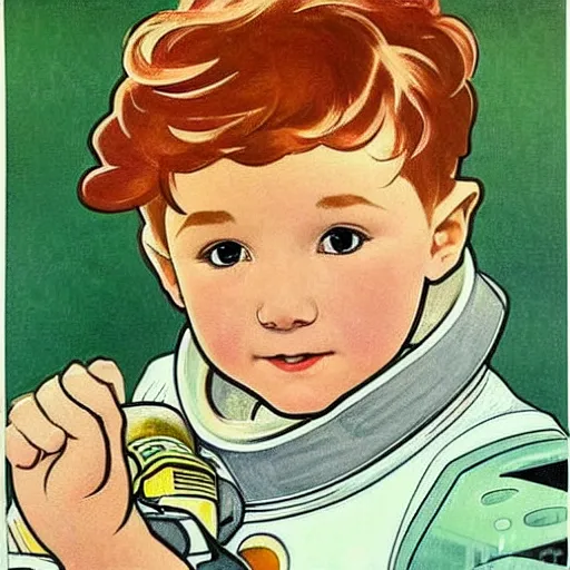 Prompt: a cute little boy with a mischievous face and short ginger hair. he is dressed as an astronaut. well composed, clean elegant painting, beautiful detailed face. painting by steve ditko and jack kirby and ( alphonse mucha )