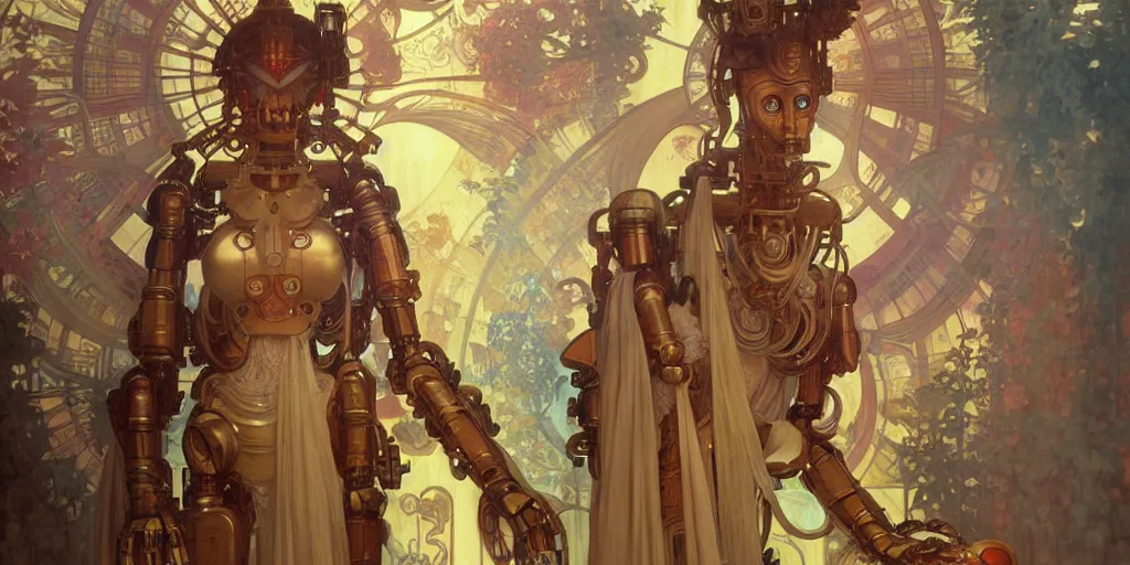 Image similar to octane render, ultra photorealistic, hyper detailed, unreal engine, a very very cute wooden mystical statue robot of the roman natural cyberpunk in a contemporary art gallery in neo tokyo artwork by alphonse mucha greg rutkowski