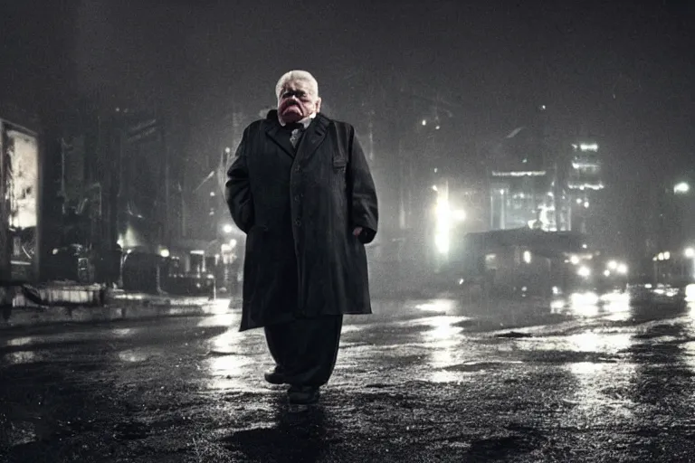 Image similar to a still of edgar savisaar, starring as a drunk man, dystopian, cinematic lighting, nighttime, rain