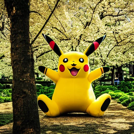 Image similar to A giant Pikachu wearing headphones while sitting against a blossom tree in Japan, XF IQ4, 150MP, 50mm, f/1.4, ISO 200, 1/160s, natural light, Adobe Photoshop, Adobe Lightroom, DxO Photolab, Corel PaintShop Pro, rule of thirds, symmetrical balance, depth layering, polarizing filter, Sense of Depth, AI enhanced