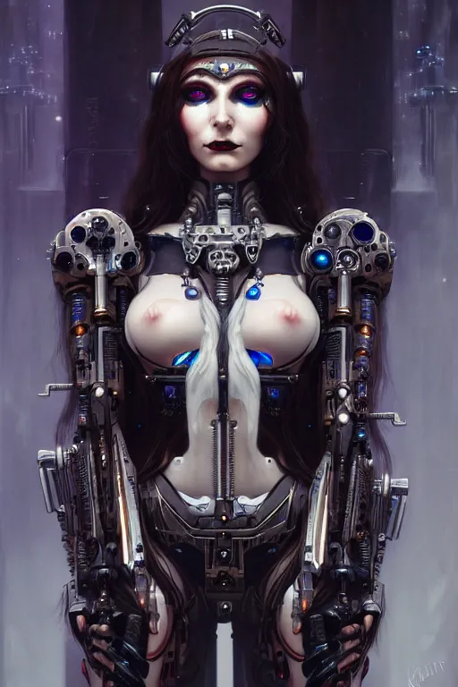 Image similar to portrait of beautiful young gothic cyborg maiden, cyberpunk, Warhammer, highly detailed, artstation, illustration, art by Gustav Klimt