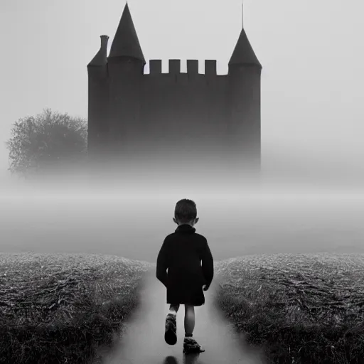 Image similar to a dark vallcy with a huge gloomy castle, fog. a little boy and a black cat