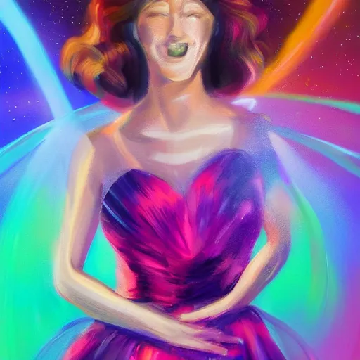 Image similar to a an ultra happy bridesmaid, majestic, disco balls, 8k resolution vivid painting trending on artstation Pill my face, still life A supersonic highway of light that allows you to drive