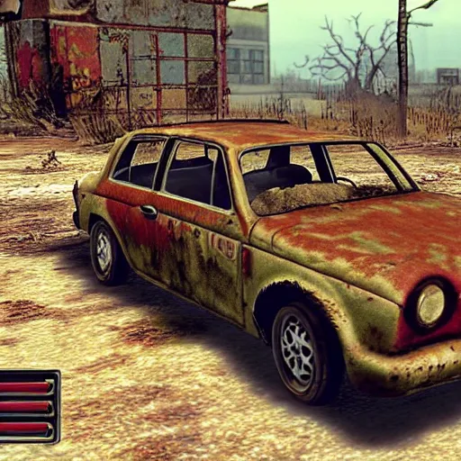 Image similar to Rusty Volkswagen Golf, screenshot from game Fallout 2 (1998), postapocalyptic