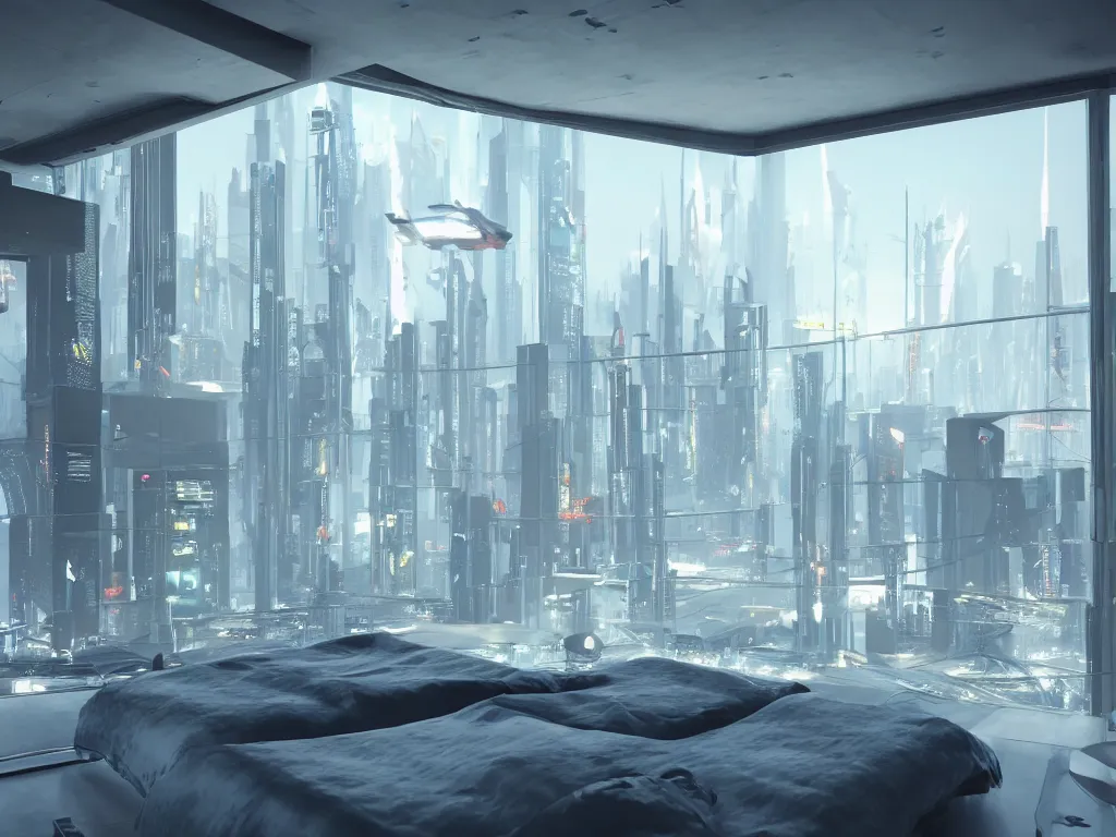 Image similar to a futuristic luxury white bedroom with ceiling high windows looking out to a far future cyberpunk cityscape with many flying cars, night time, neon lights, cinematic 3d render, unreal engine 5, cgsociety