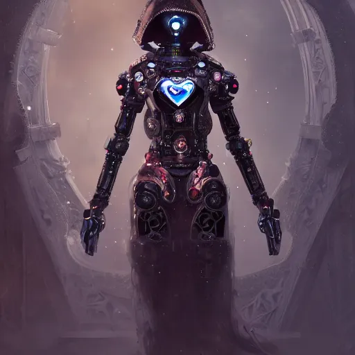 Prompt: female robots with heart organ, dressed in intricate gothic futuristic veils and jewels, epic environment, matte painting, diffused lighting, highly detailed, cinematic, epic atmosphere, digital art, trending on artstation, wide angle