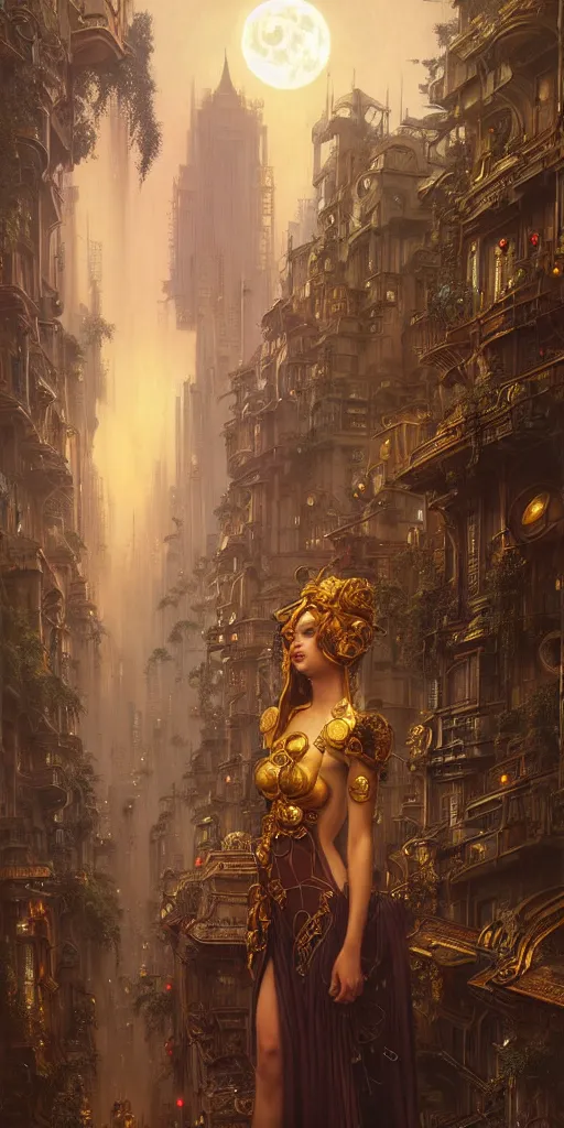 Image similar to golden ornate goddess looking at a hyper realistic cyberpunk city, busy crowded market street overtaken by lush plants, full moon, light rays, gnarly trees by tom bagshaw, mucha, gaston bussiere, craig mullins, j. c. leyendecker 8 k