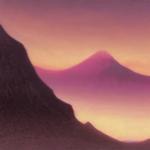 Prompt: A highly detailed matte painting of A vast and empty landscape with a single mountain in the distance. The sky is a deep blue, with wispy clouds. The sun is setting behind the mountain, casting a pink and orange glow across the scene, by John Howe, trending on artstation.