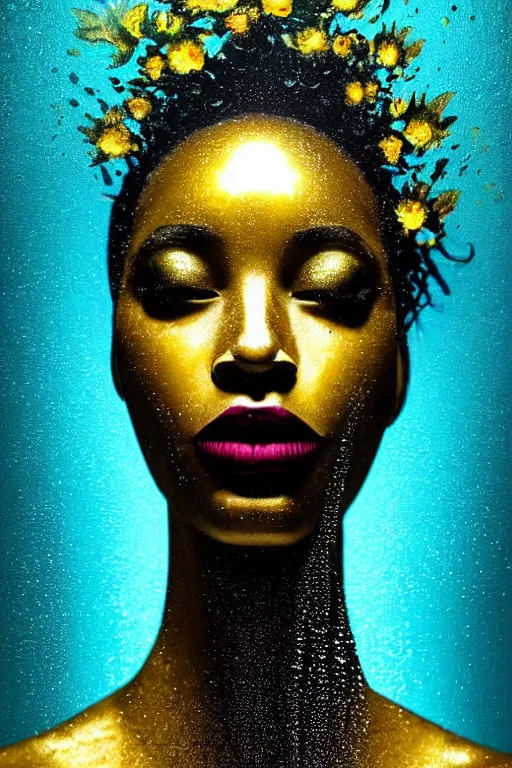 Image similar to hyperrealistic post - dada cinematic very expressive! profile black oshun goddess, head emerging from water, mirror dripping droplet!, gold flowers, highly detailed face, digital art masterpiece, smooth eric zener cam de leon, dynamic pearlescent teal light, low angle uhd 8 k, sharp focus