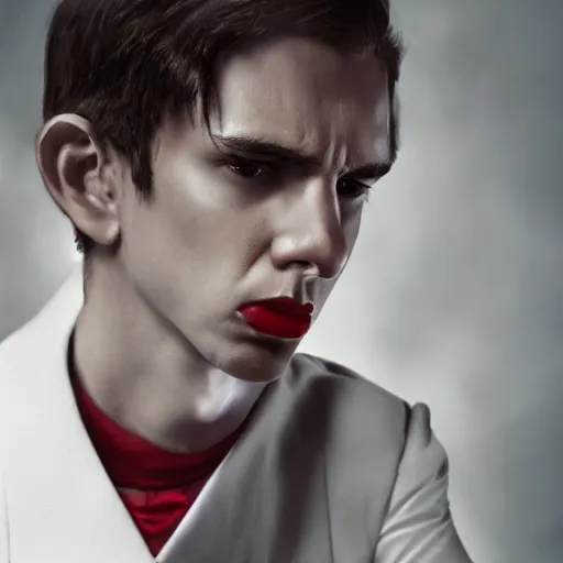 Image similar to portrait of a regal prince with sharp cheekbones, white clothes, high collar, close up, wistful melancholic hopeful expression, super details, angry people behind him furious and red, modern digital art, matte painting, science fiction