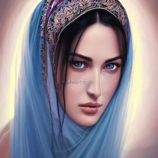 Prompt: Beautiful face Portrait of young arab Monica Bellucci, blue eyes with transparent contact lenses, long wavy black hair, white veil, closeup, focus face, colored, middle eastern, dramatic lighting, intricate, wild, highly detailed, digital painting, artstation, concept art, smooth, sharp focus, illustration, art by artgerm and greg rutkowski and alphonse mucha, footage from space camera