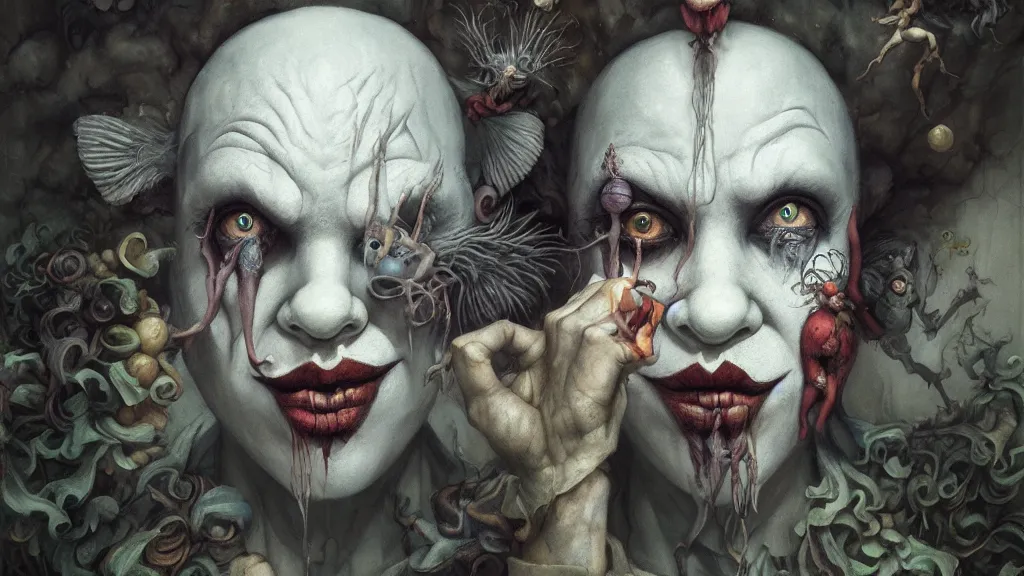 Image similar to a clown portrait in cloistered alleyway dreaming of a circus, in the style of peter mohrbacher by weta digital and beth cavener, high face symmetry, intricate, masterpiece, award winning, high face symmetry, intricate