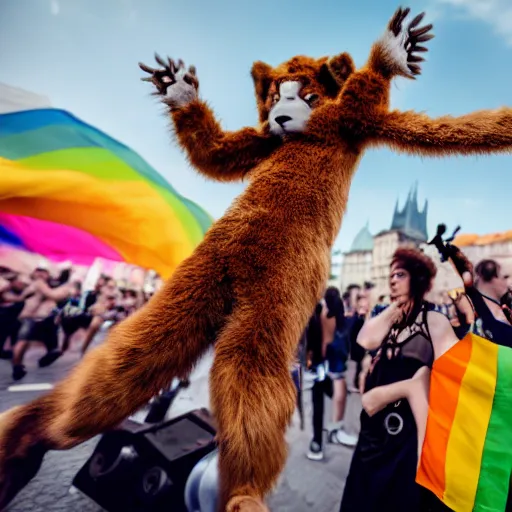 Prompt: a furry dancing to techno at a pride event in Prague, 4K photograph, National Geographic photo