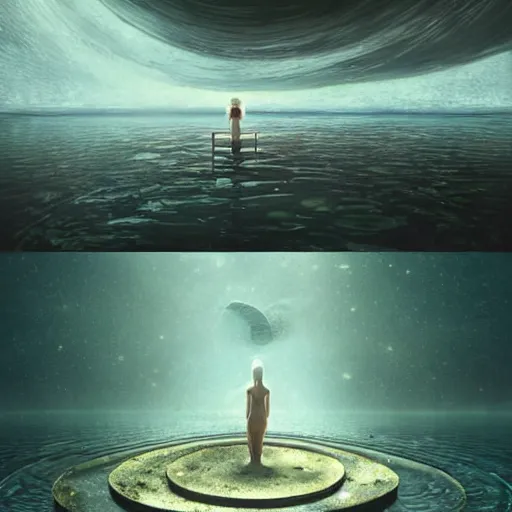 Image similar to minimalistic, hyperrealistic surrealism, award winning masterpiece with incredible details, epic stunning, infinity pool, an astronaut alone inside an empty dark flooded ballroom overgrown with aquatic plants, highly detailed, trending on ArtStation, artgerm and greg rutkowski and alphonse mucha, daily deviation, IAMAG