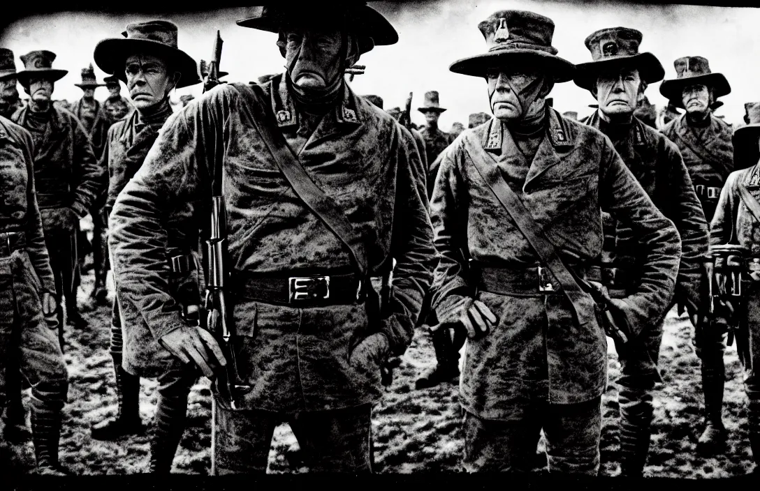 Image similar to general harangues the troops intact flawless ambrotype from 4 k criterion collection remastered cinematography gory horror film, ominous lighting, evil theme wow photo realistic postprocessing vision from alex gray psychological science fiction stars lingering above photograph by robert adams jan van der heyden