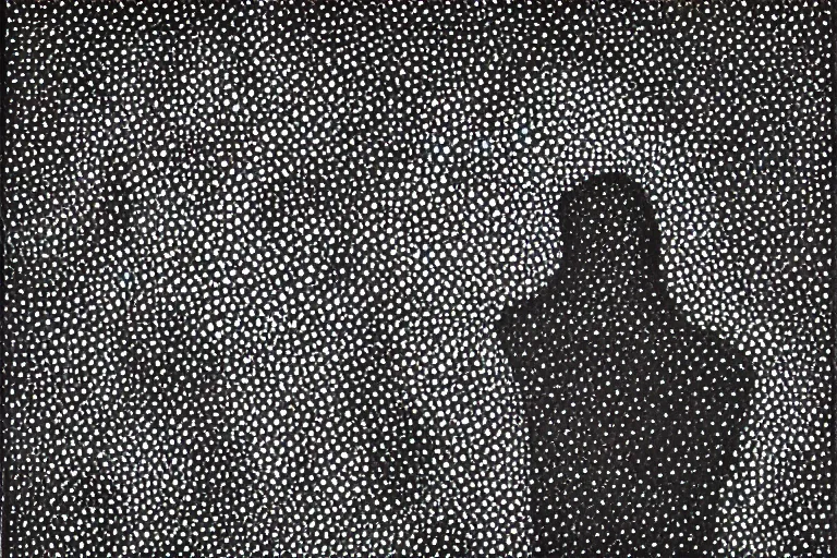 Image similar to black figure, faceless people dark, dots, drip, stipple, pointillism, technical, abstract, minimal, style of francis bacon, asymmetry, pulled apart, cloak, hooded cowl, made of dots, abstract, balaclava, colored dots, sploch