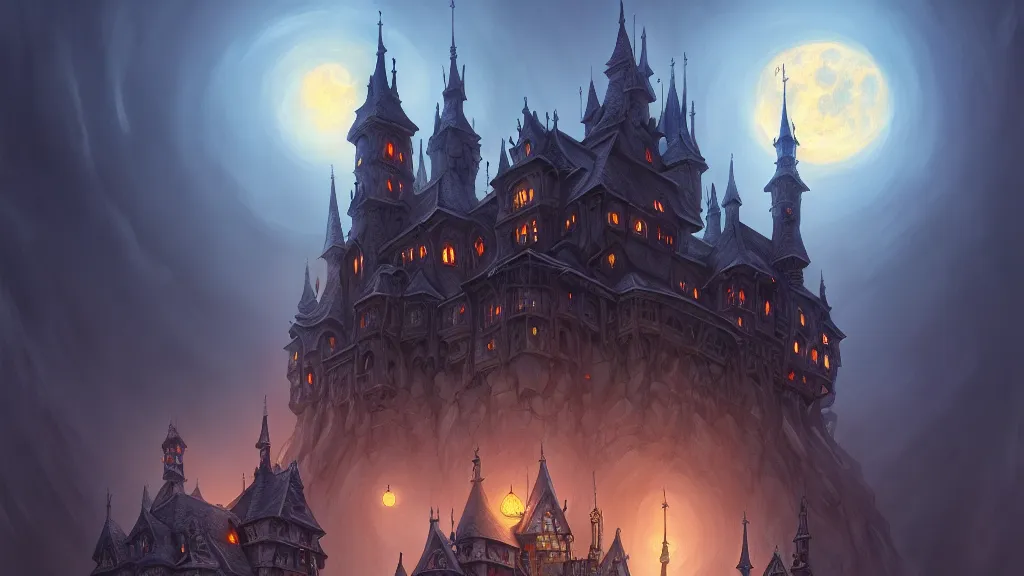 Prompt: foggy intricate gothic castle under the full moon, epic, intricate oil painting, high detail illustration, sharp high detail, manga and anime, official fanart behance hd artstation by jesper ejsing and makoto shinkai, 4 k,