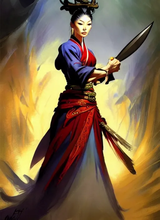 Image similar to magic : the gathering fantasy character concept art by frank frazetta and marco bucci, high resolution. a clear portrait of a stunning female south korean chef, wearing a beautiful hanbok apron, holding a kitchen knife, radiating powerful energy in the background, fantasy coloring, intricate, digital painting, artstation, smooth, sharp focus