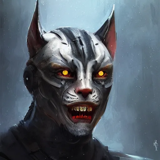 Prompt: Portrait of a humanoid feline man by Greg Rutkowski, hard predatory look, pointed ears, prominent jaw and visible fangs, wearing a futuristic space tactical gear that looks like a mix between the samurai, viking and templar aesthetics, mix between tribal and hi-tech, highly detailed portrait, scifi, space opera, digital painting, artstation, concept art, smooth, sharp foccus ilustration, Artstation HQ