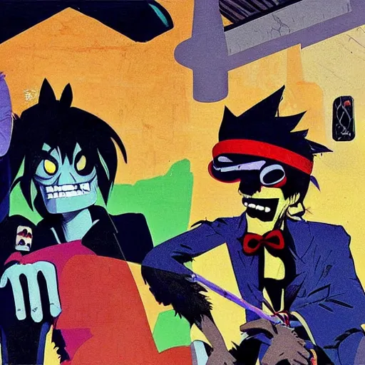 Prompt: gorillaz, official art by Jamie Hewlett, 2D Murdoc Noodle Russel