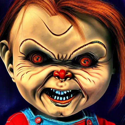 Image similar to Chucky the doll scary painting 4k detail