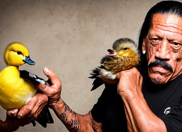 Image similar to photo still of danny trejo at the county fair!!!!!!!! at age 5 6 years old 5 6 years of age!!!!!!!! holding a baby duck he won, 8 k, 8 5 mm f 1. 8, studio lighting, rim light, right side key light