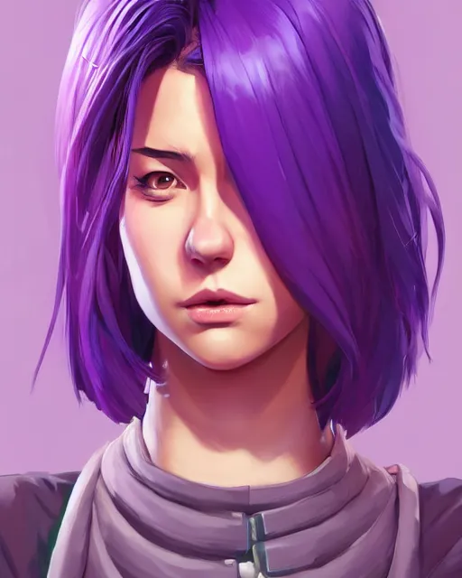 Image similar to beautiful female purple hair sheathed katana symmetrical face eyes full length fantasy art apex fortnite Video game icon, 2d game art gta5 cover , official fanart behance hd artstation by Jesper Ejsing, by RHADS, Makoto Shinkai and Lois van baarle, ilya kuvshinov, rossdraws