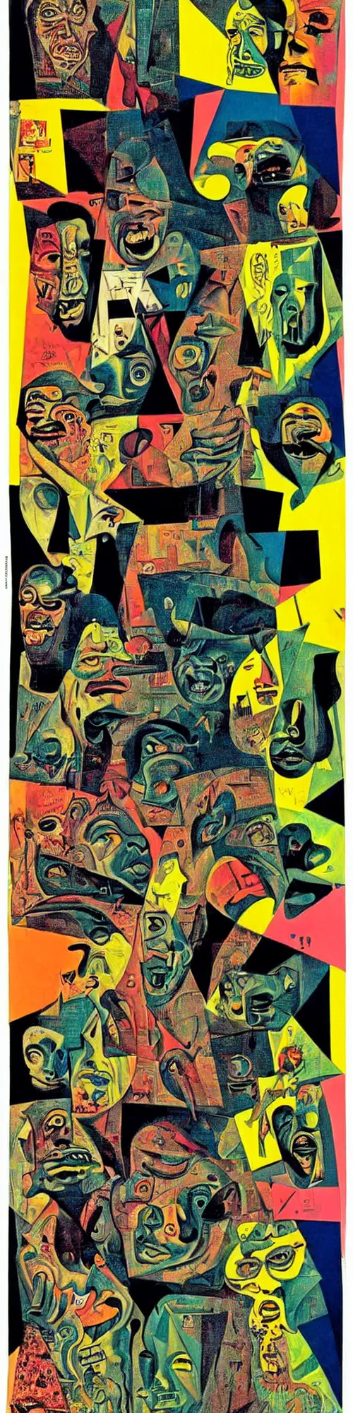 Prompt: rap superstars, melting, victor moscoso, magazine collage, cubism, muted but vibrant colors, dali, r crumb, hr giger, basil wolverton, afro tech, andromeda