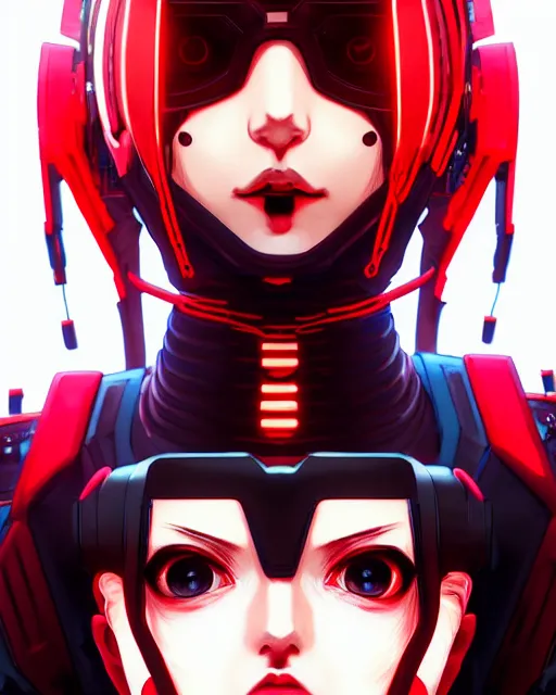 Image similar to a comic potrait of a cyberpunk cyborg girl with black and red parts, fine - face, realistic shaded perfect face, fine details. night setting. very anime style. realistic shaded lighting poster by ilya kuvshinov katsuhiro, unreal engine, global illumination, radiant light, detailed and intricate environment