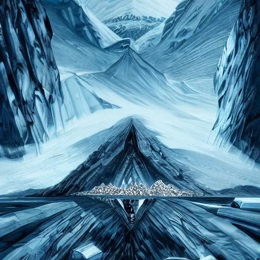 Image similar to epic masterpiece of confrontation between man and diamond mountain spirit Antarctica, gift of birth, origin mythos, astounding beauty, cinematic, establishing shot, extremely high detail, photorealistic, cinematic lighting, intricate line drawings, 8k resolution