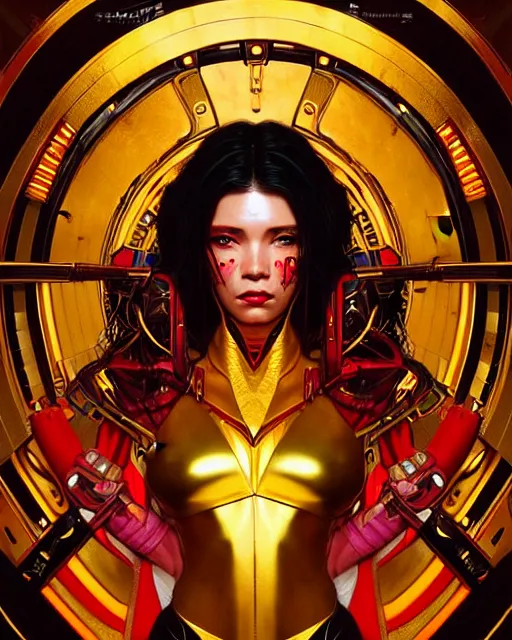 Prompt: portrait of a beautiful cyberpunk amazonian woman wearing a gold red, beautiful symmetrical face, golden, fantasy, regal, by stanley artgerm lau, greg rutkowski, thomas kindkade, alphonse mucha, loish, norman rockwell.