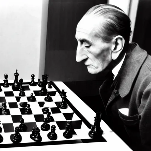 Image similar to a long exposure shot of Marcel Duchamp working on a chess readymade object, archival pigment print