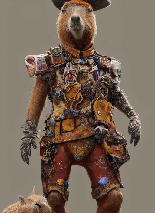 Prompt: detailed full body concept art illustration oil painting of an anthropomorphic capybara cowboy in full intricate clothing by Diane Whitehead, biomutant, ultra detailed, digital art, octane render