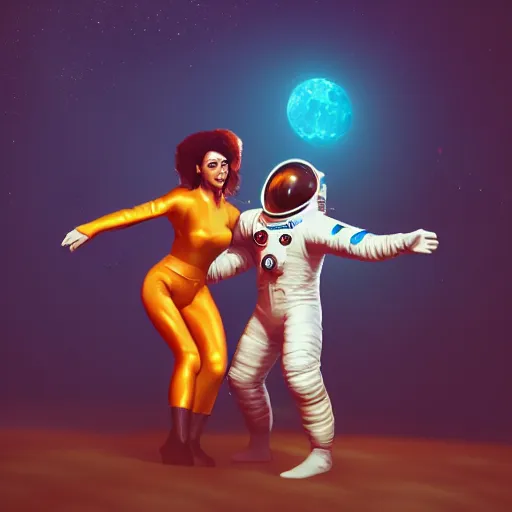 Image similar to A hyper real comic book style portait painting of two astronauts dancing Salsa on the moon, unreal 5, hyperrealistic, octane render, cosplay, RPG portrait, dynamic lighting