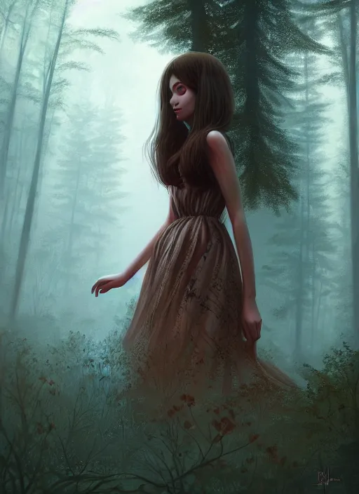 Prompt: a beautiful brown - haired young woman with a summer dress in horror forest, intricate, elegant, highly detailed, digital painting, artstation, concept art, smooth, sharp focus, illustration, ethereal, misty, by ilya kuvshinov and jeremy mann, 8 k, octane render