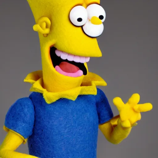 Prompt: bart simpson as a muppet with yellow skin, pointy hair, orange tshirt. highly detailed felt. hyper real photo. 4 k.