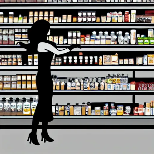 Image similar to storybook illustration of a woman in a supermarket trying to reach for something on the top shelf, storybook illustration, monochromatic