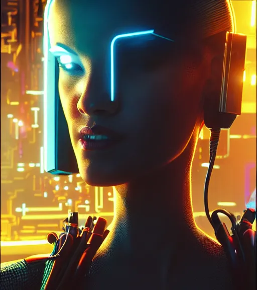 Image similar to cable plugged into cyberdeck, back of head, very beautiful cyberpunk woman, computer, 1 9 7 9 omni magazine cover, style by vincent di fate, cyberpunk 2 0 7 7, 4 k resolution, unreal engine, daz