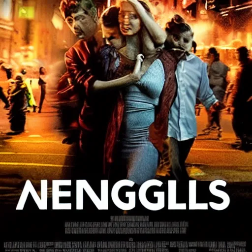 Image similar to angels protecting crowds of people in the street, movie poster style