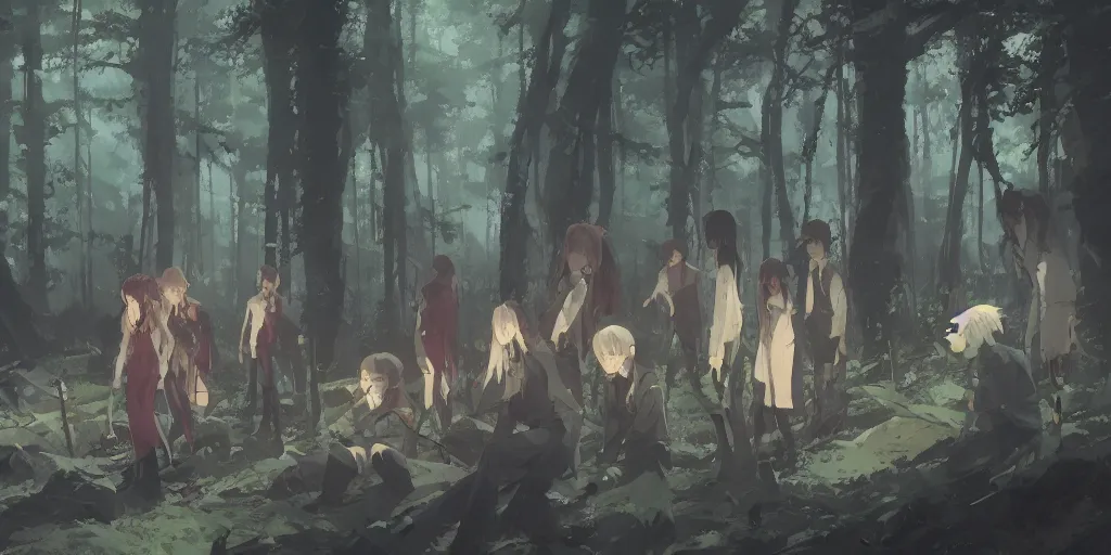 Image similar to group of vampires in the woods, hyperrealistic, trending on pixiv fanbox, painted by greg rutkowski makoto shinkai takashi takeuchi studio ghibli, akihiko yoshida