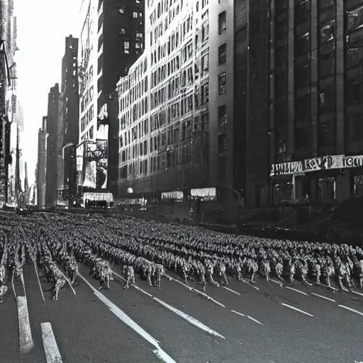 Image similar to photo, a giant crowd of silvery shiny refective black latex claymation skeletons by ray harryhausen inside a 1980's new york nighttime street, dramatic lighting, blue moonlight, distant flickering street light, edge lighting, ray traced lighting