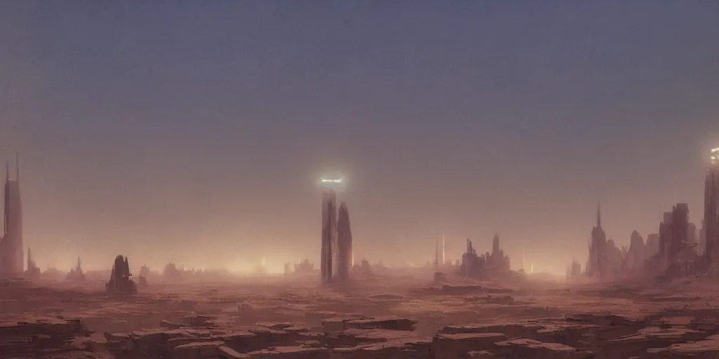 Prompt: A barren desert landscape with a glowing metropolis in the distance, fog and ethereal lighting, by Greg Rutkowski and Studio Ghibli