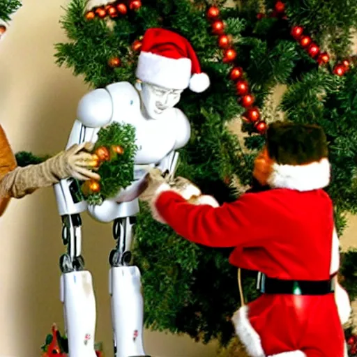 Image similar to capuchin monkey putting christmas tree ornament on christmas tree, standing next to humanoid robot, living room, 2 0 0 6 youtube video