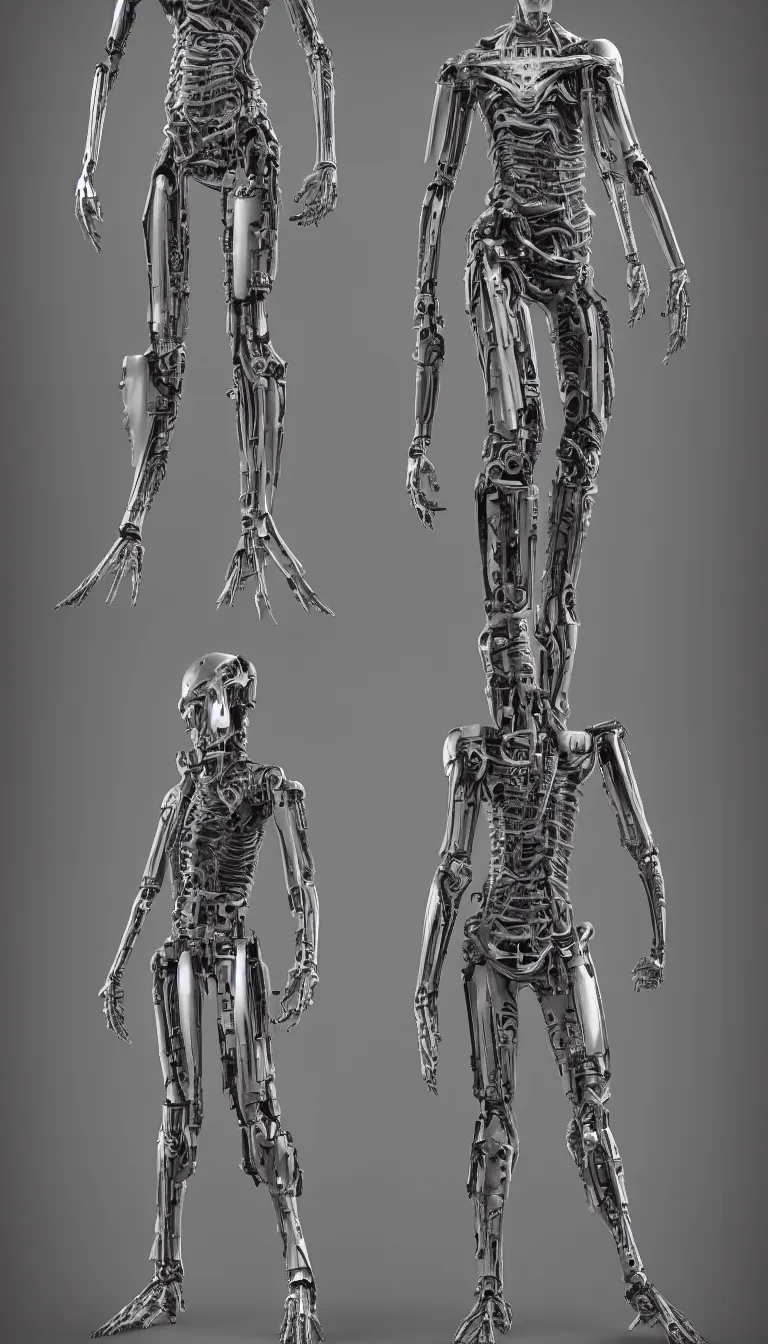Image similar to full body full height, elegant h. r. giger cyborg, default pose. super high resolution photo. symmetrical. orthographic engineering. front view.