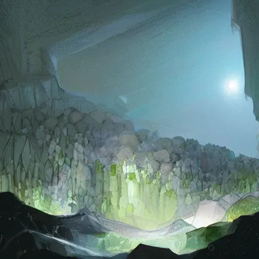 Prompt: a diamond mine, lots of diamonds unearthed, a lights is being reflected all around the dark cave mine, luminous Color’s, concept art.