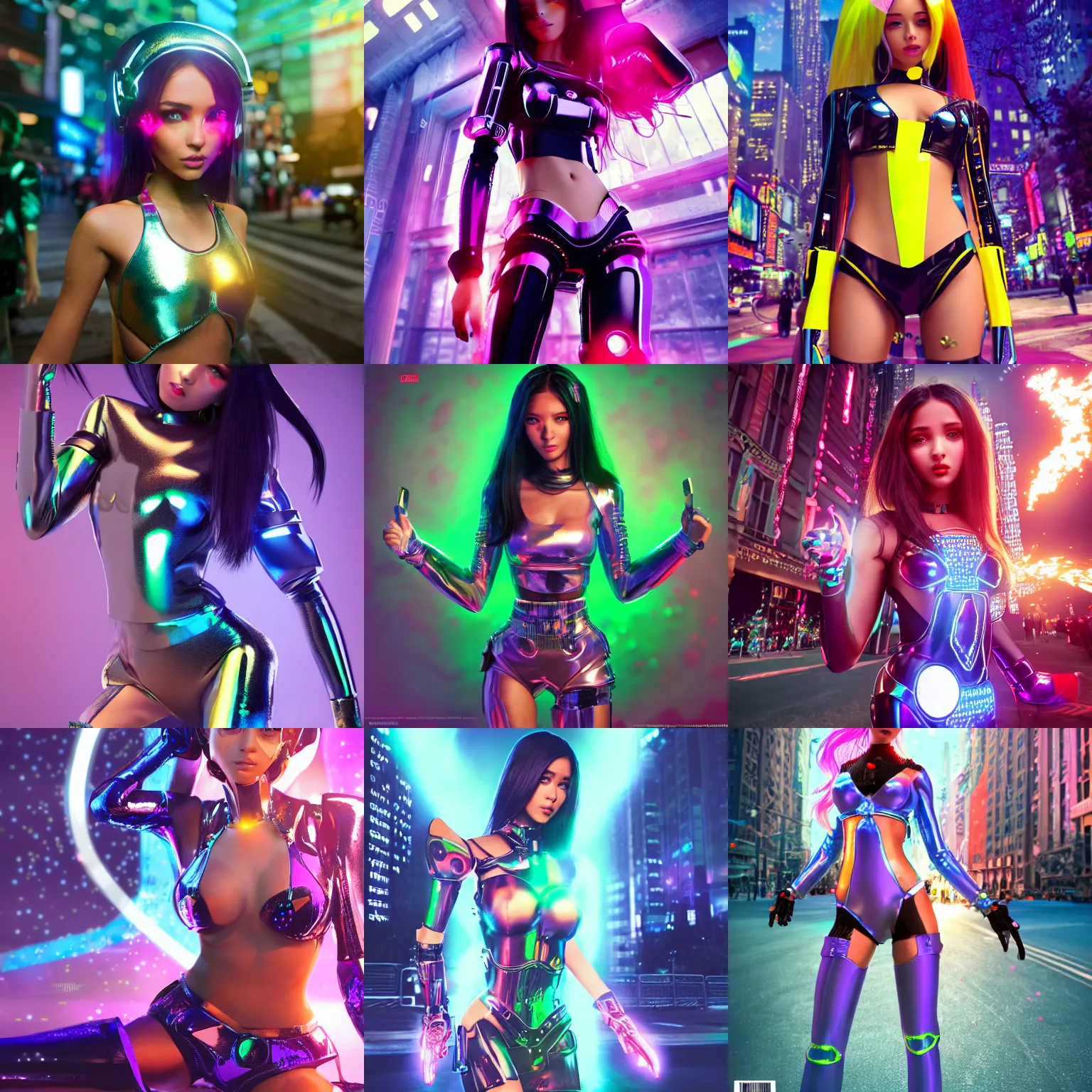Prompt: magazine cover :: of a cute gorgeous Ukrainian college girl scene raver cyborg wearing a shiny outfit on a crowded packed nyc sidewalk, pouty :: octane render, volumetric lighting, trending on artstation, anime girl, ue5, rossdraws, blender render, :: Madison beer, Jessica alba, megan fox, adriana lima, ::