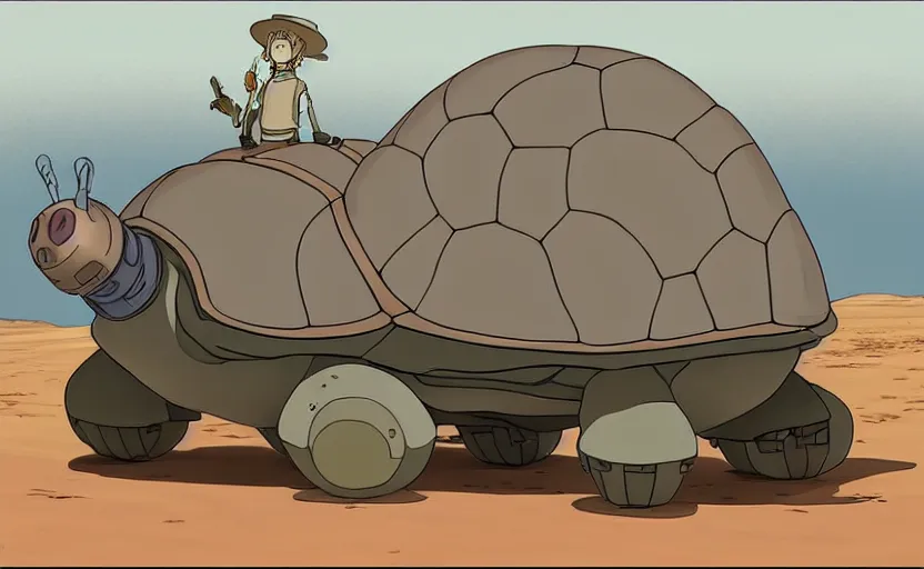 Image similar to a study of cell shaded cartoon of a grey mechanized turtle from howl's moving castle ( 2 0 0 4 ) on a desert road, full body, wide shot, muted colors, post grunge, studio ghibli, laurie greasley, highly detailed, deviantart, art by artgem